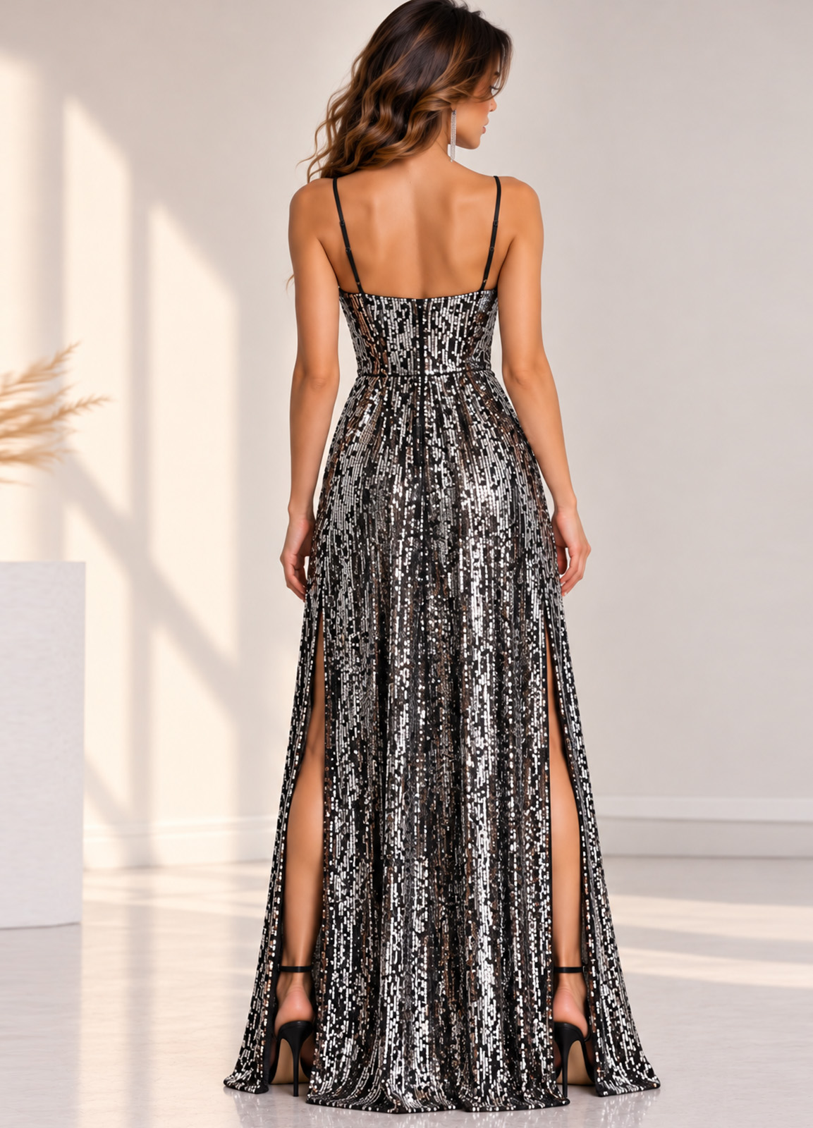Maxi Κρουαζέ Φόρεμα με Παγιέτες & Ψηλά Σκισίματα Silver