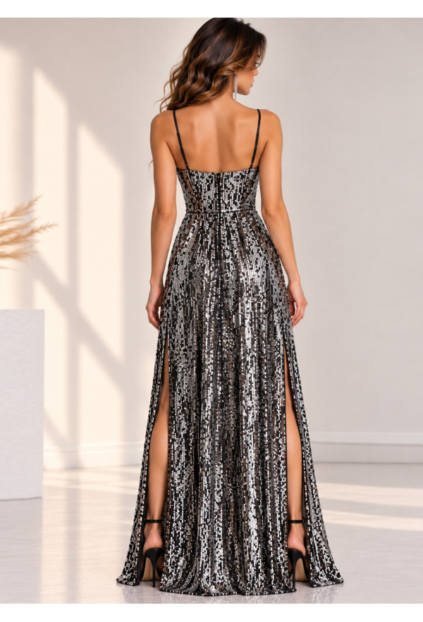 Maxi Κρουαζέ Φόρεμα με Παγιέτες & Ψηλά Σκισίματα Silver