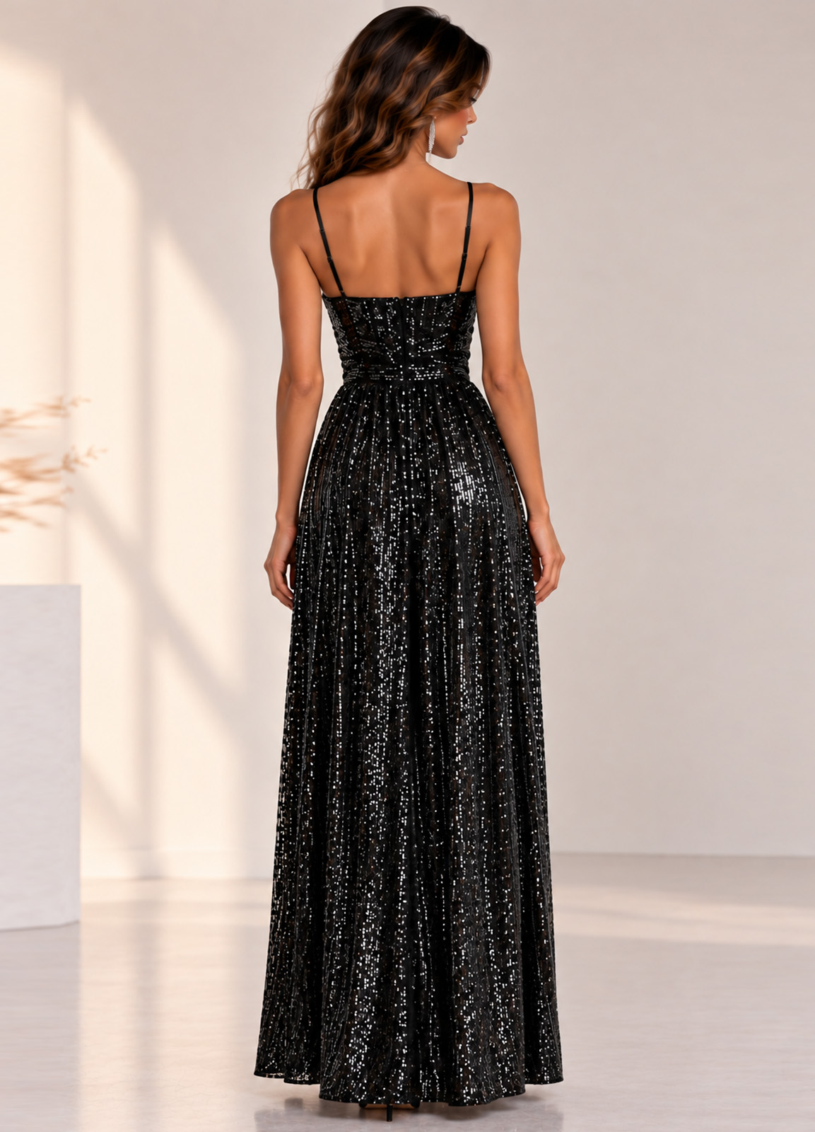 Maxi Κρουαζέ Φόρεμα με Παγιέτες & Ψηλά Σκισίματα Black