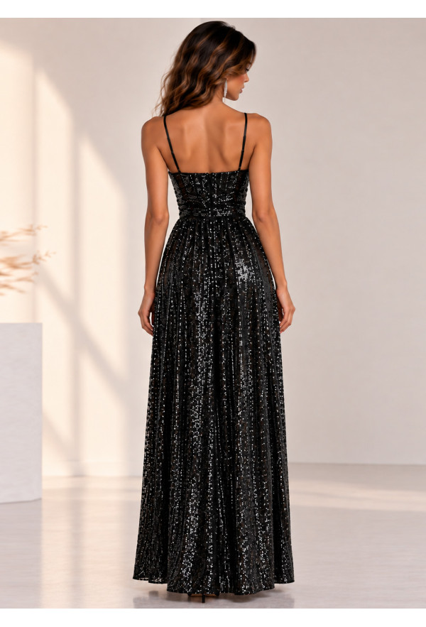 Maxi Κρουαζέ Φόρεμα με Παγιέτες & Ψηλά Σκισίματα Black