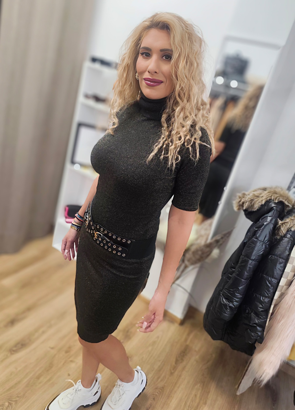 Φόρεμα Πλεκτό με Lurex – Midi, Ζιβάγκο & Κοντό Μανίκι Black