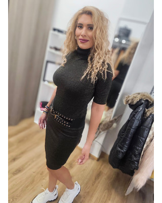 Φόρεμα Πλεκτό με Lurex – Midi, Ζιβάγκο & Κοντό Μανίκι Black