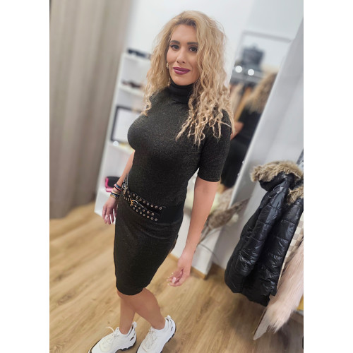 Φόρεμα Πλεκτό με Lurex – Midi, Ζιβάγκο & Κοντό Μανίκι Black