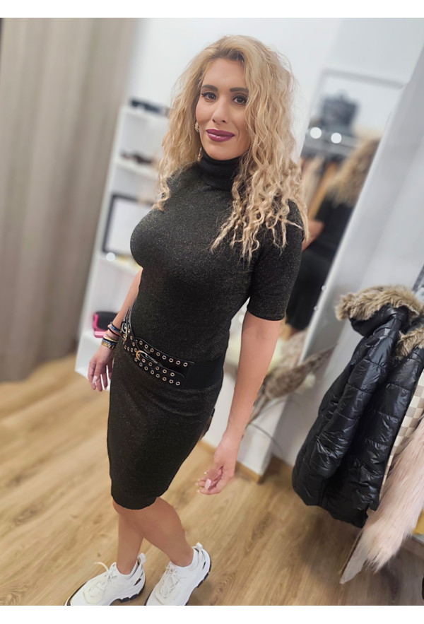 Φόρεμα Πλεκτό με Lurex – Midi, Ζιβάγκο & Κοντό Μανίκι Black