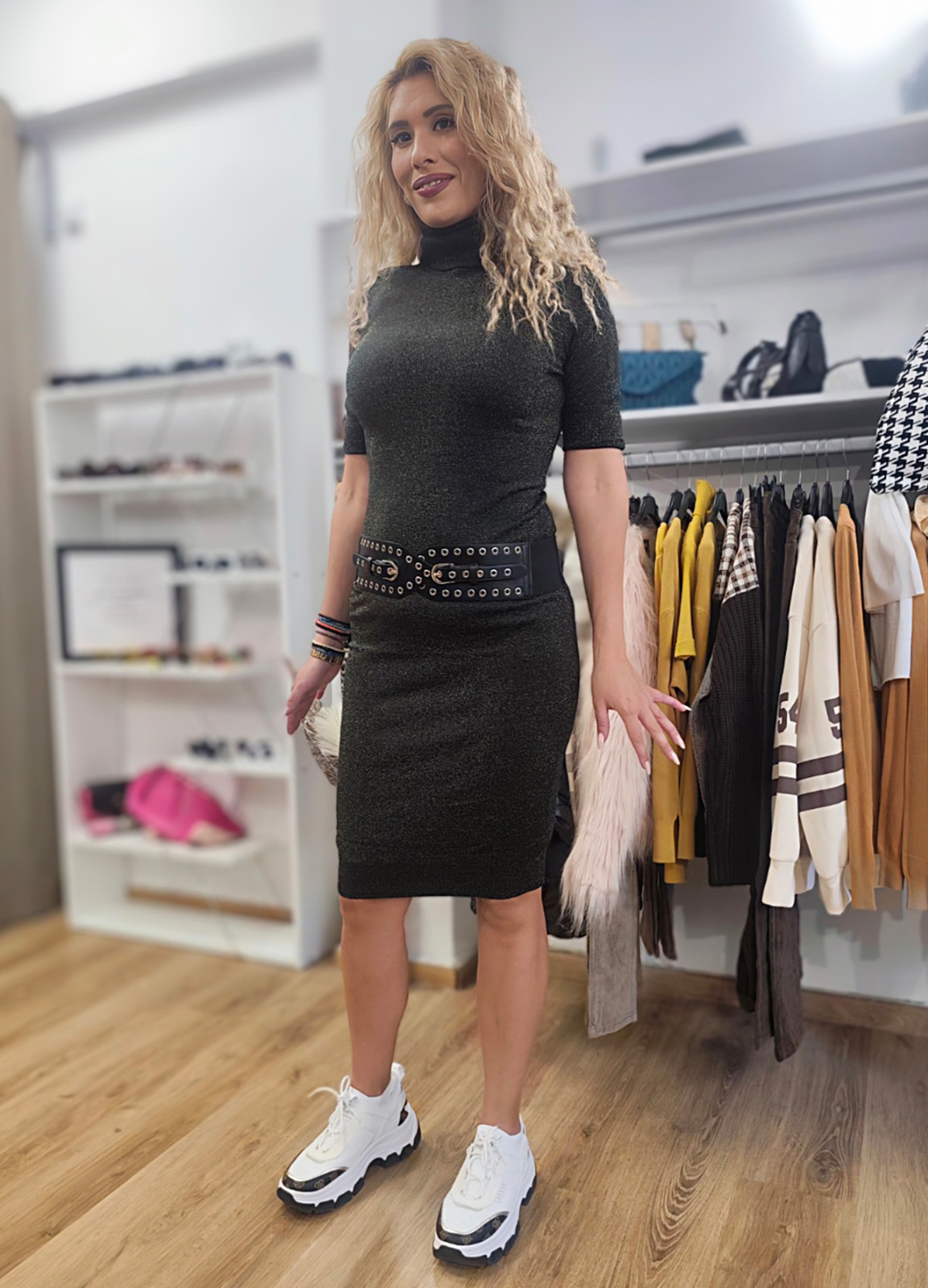 Φόρεμα Πλεκτό με Lurex – Midi, Ζιβάγκο & Κοντό Μανίκι Black