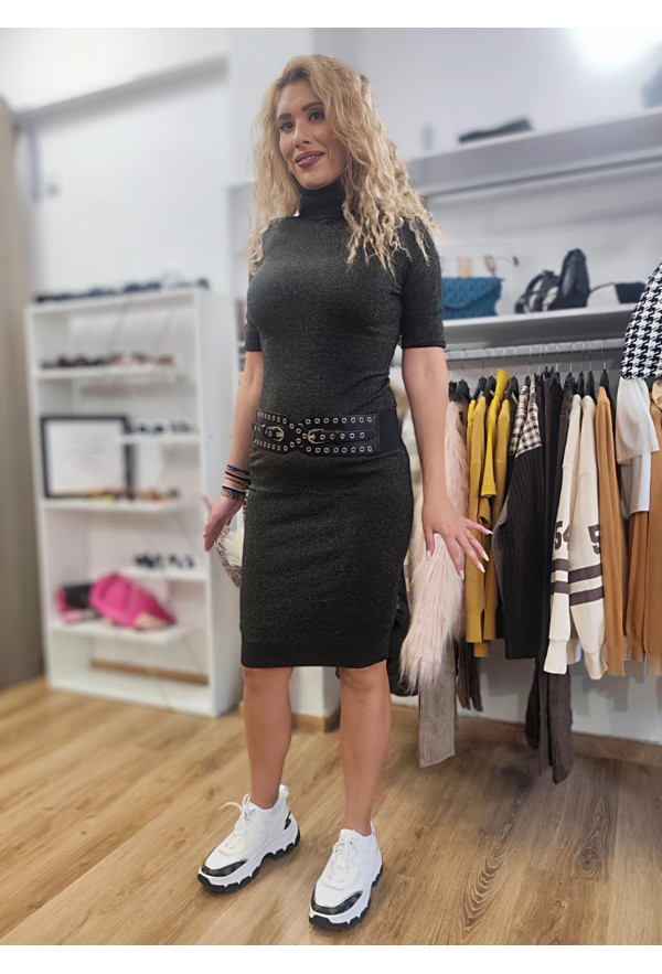 Φόρεμα Πλεκτό με Lurex – Midi, Ζιβάγκο & Κοντό Μανίκι Black