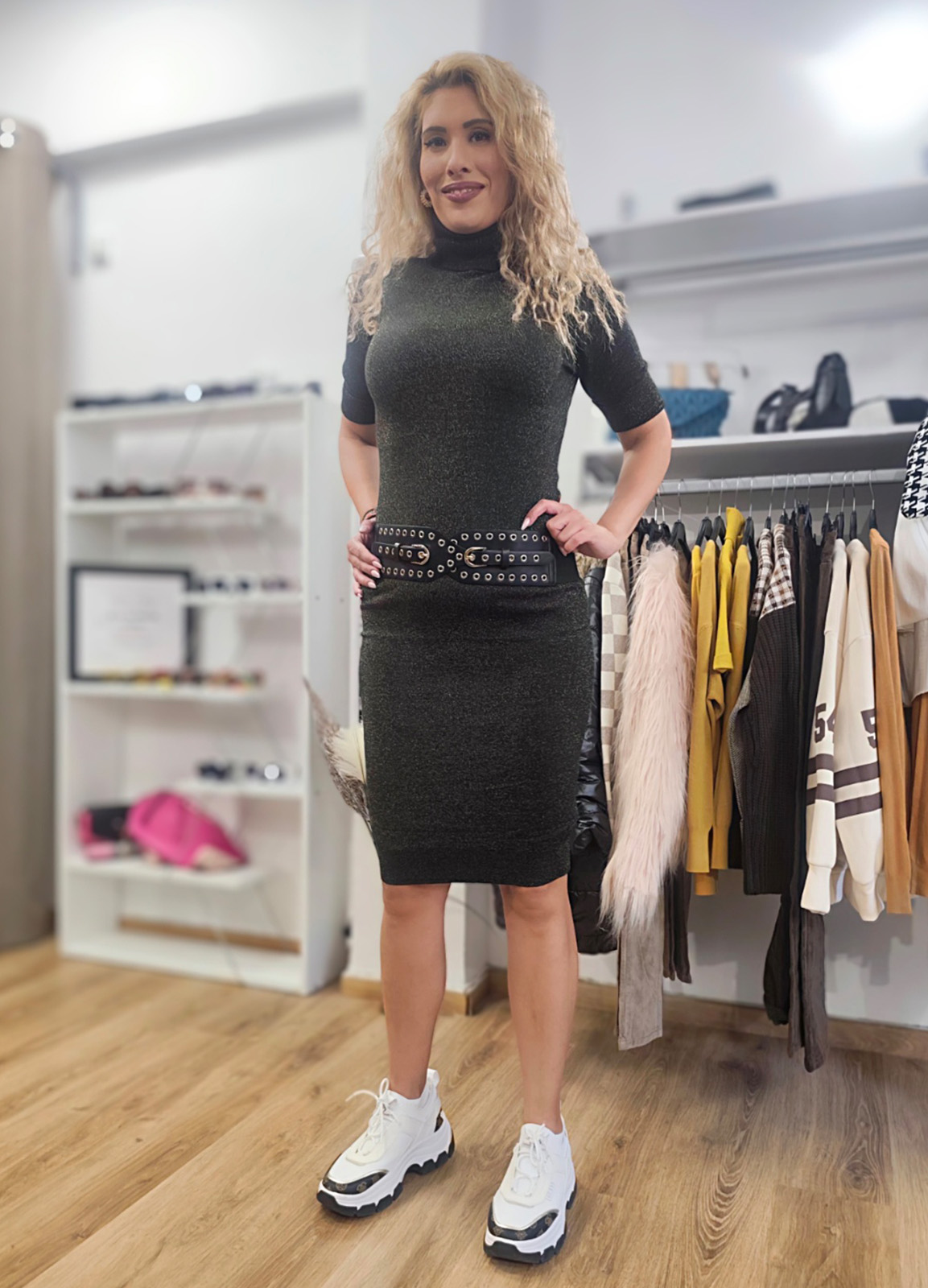 Φόρεμα Πλεκτό με Lurex – Midi, Ζιβάγκο & Κοντό Μανίκι Black