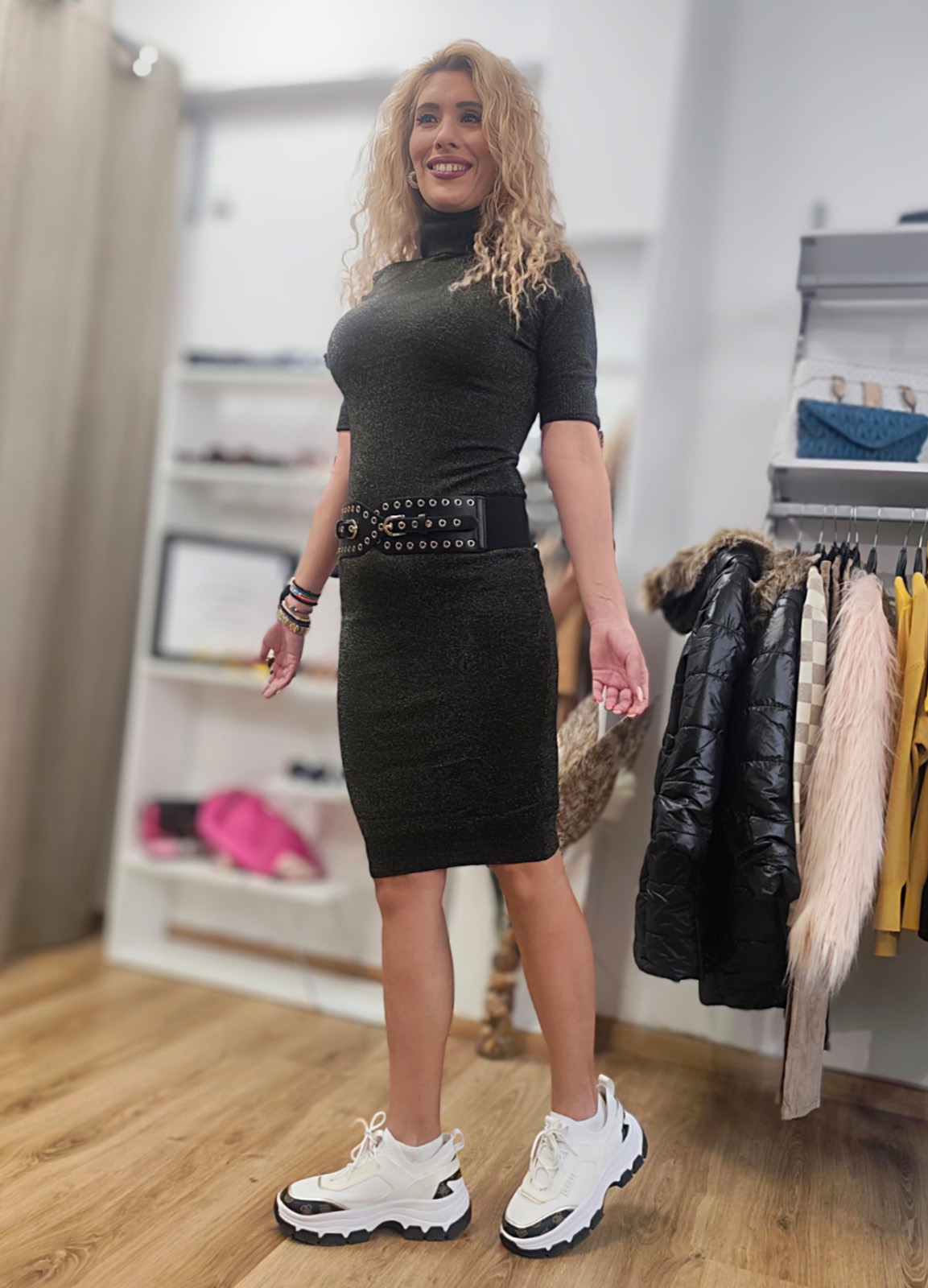 Φόρεμα Πλεκτό με Lurex – Midi, Ζιβάγκο & Κοντό Μανίκι Black