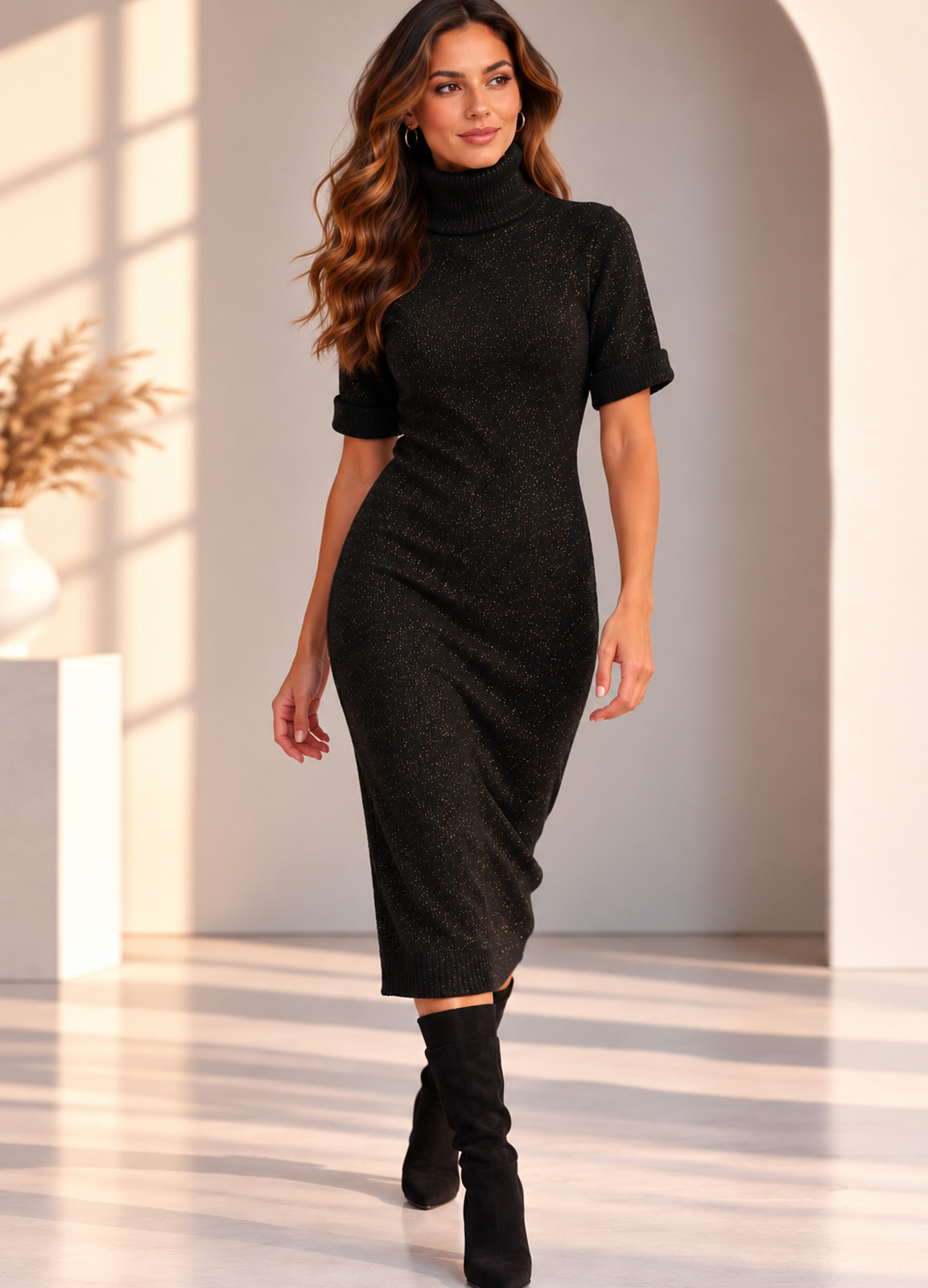 Φόρεμα Πλεκτό με Lurex – Midi, Ζιβάγκο & Κοντό Μανίκι Black