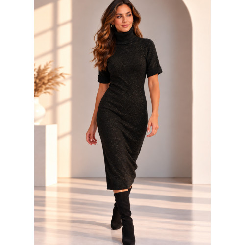 Φόρεμα Πλεκτό με Lurex – Midi, Ζιβάγκο & Κοντό Μανίκι Black
