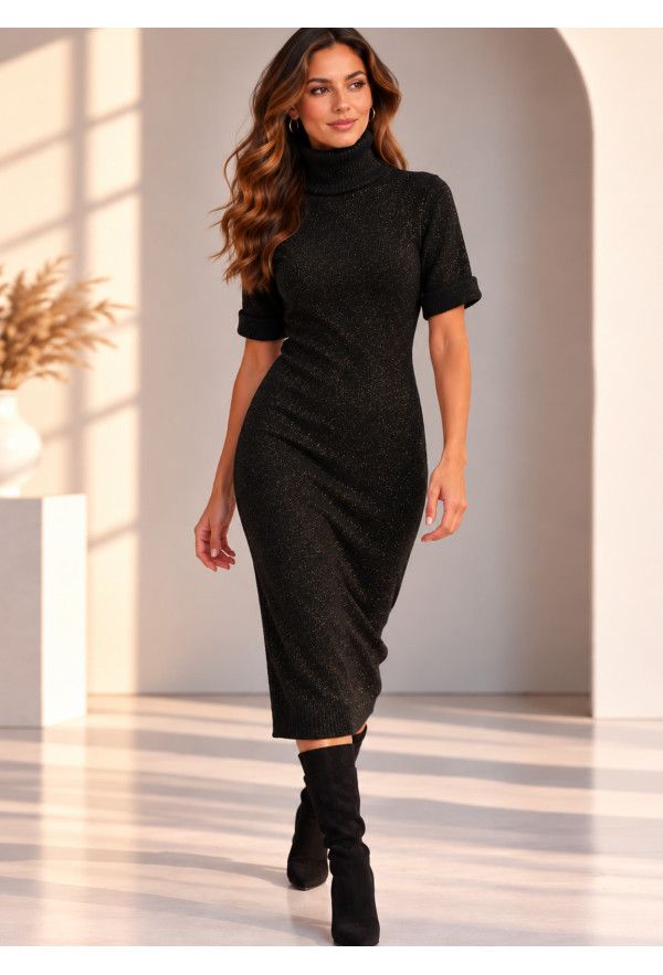 Φόρεμα Πλεκτό με Lurex – Midi, Ζιβάγκο & Κοντό Μανίκι Black