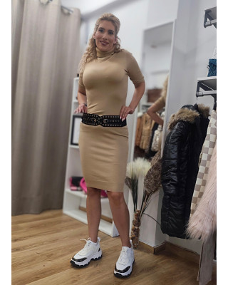 Φόρεμα Πλεκτό με Lurex – Midi, Ζιβάγκο & Κοντό Μανίκι Gold