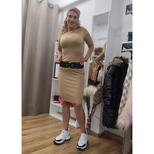 Φόρεμα Πλεκτό με Lurex – Midi, Ζιβάγκο & Κοντό Μανίκι Gold