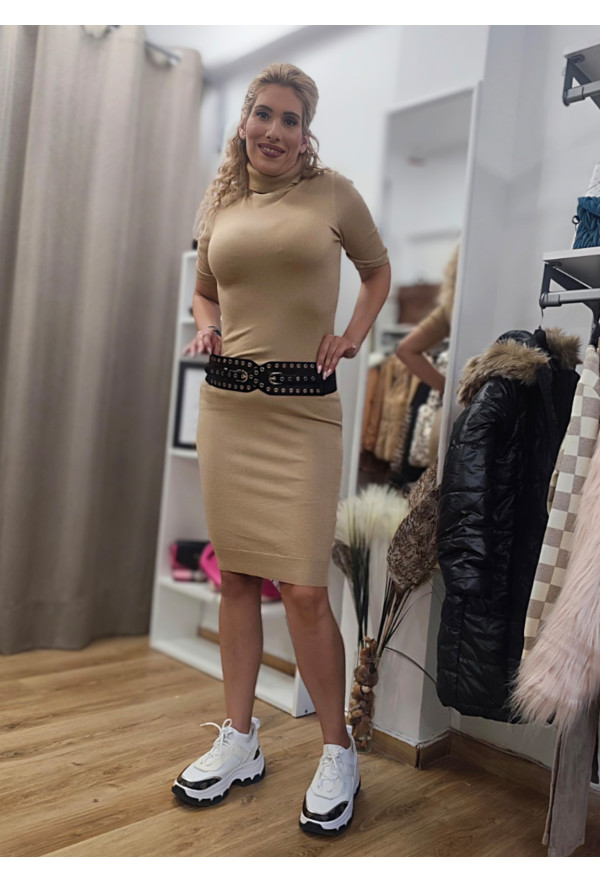 Φόρεμα Πλεκτό με Lurex – Midi, Ζιβάγκο & Κοντό Μανίκι Gold