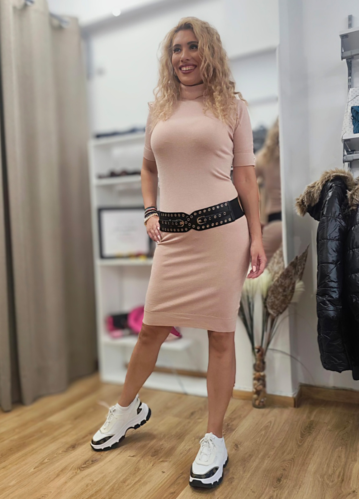 Φόρεμα Πλεκτό με Lurex – Midi, Ζιβάγκο & Κοντό Μανίκι Pink