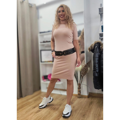 Φόρεμα Πλεκτό με Lurex – Midi, Ζιβάγκο & Κοντό Μανίκι Pink