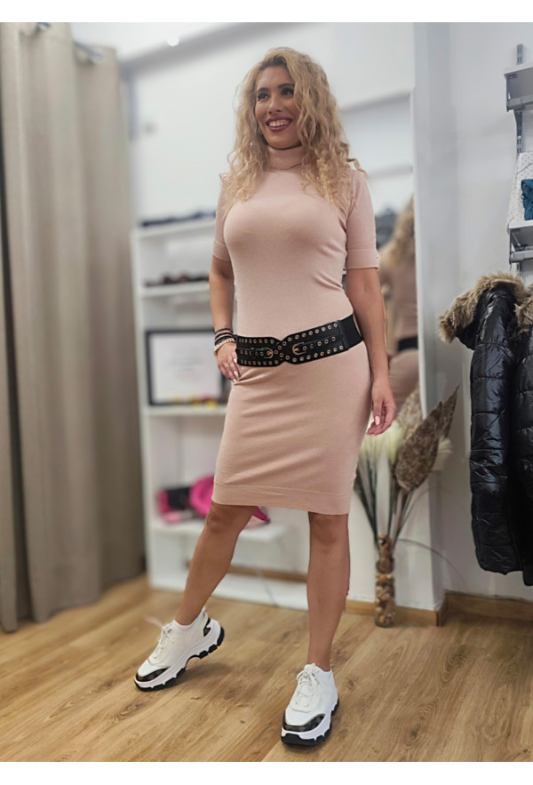 Φόρεμα Πλεκτό με Lurex – Midi, Ζιβάγκο & Κοντό Μανίκι Pink