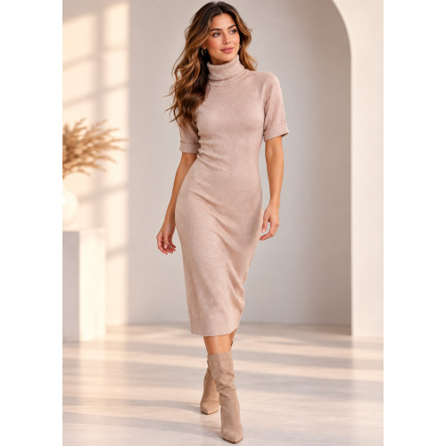 Φόρεμα Πλεκτό με Lurex – Midi, Ζιβάγκο & Κοντό Μανίκι Pink