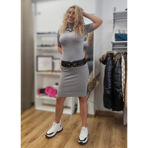 Φόρεμα Πλεκτό με Lurex – Midi, Ζιβάγκο & Κοντό Μανίκι Grey