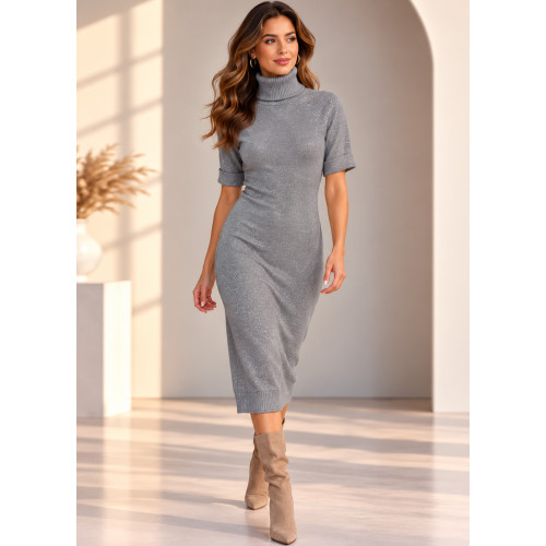 Φόρεμα Πλεκτό με Lurex – Midi, Ζιβάγκο & Κοντό Μανίκι Grey