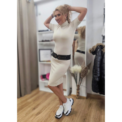 Φόρεμα Πλεκτό με Lurex – Midi, Ζιβάγκο & Κοντό Μανίκι Off White