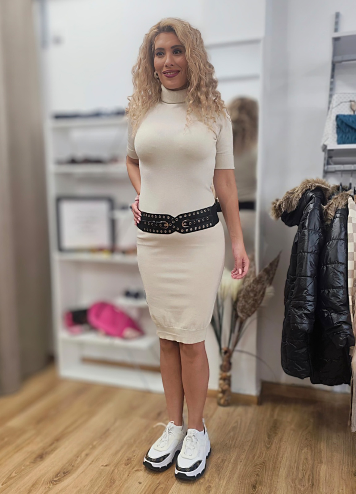 Φόρεμα Πλεκτό με Lurex – Midi, Ζιβάγκο & Κοντό Μανίκι Off White