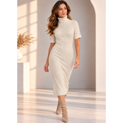 Φόρεμα Πλεκτό με Lurex – Midi, Ζιβάγκο & Κοντό Μανίκι Off White