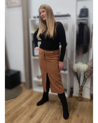 Φούστα Αλκαντάρα Midi Pencil με Σκίσιμο & Ζώνη Τεχνόδερμα Camel