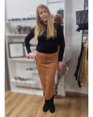 Φούστα Αλκαντάρα Midi Pencil με Σκίσιμο & Ζώνη Τεχνόδερμα Camel