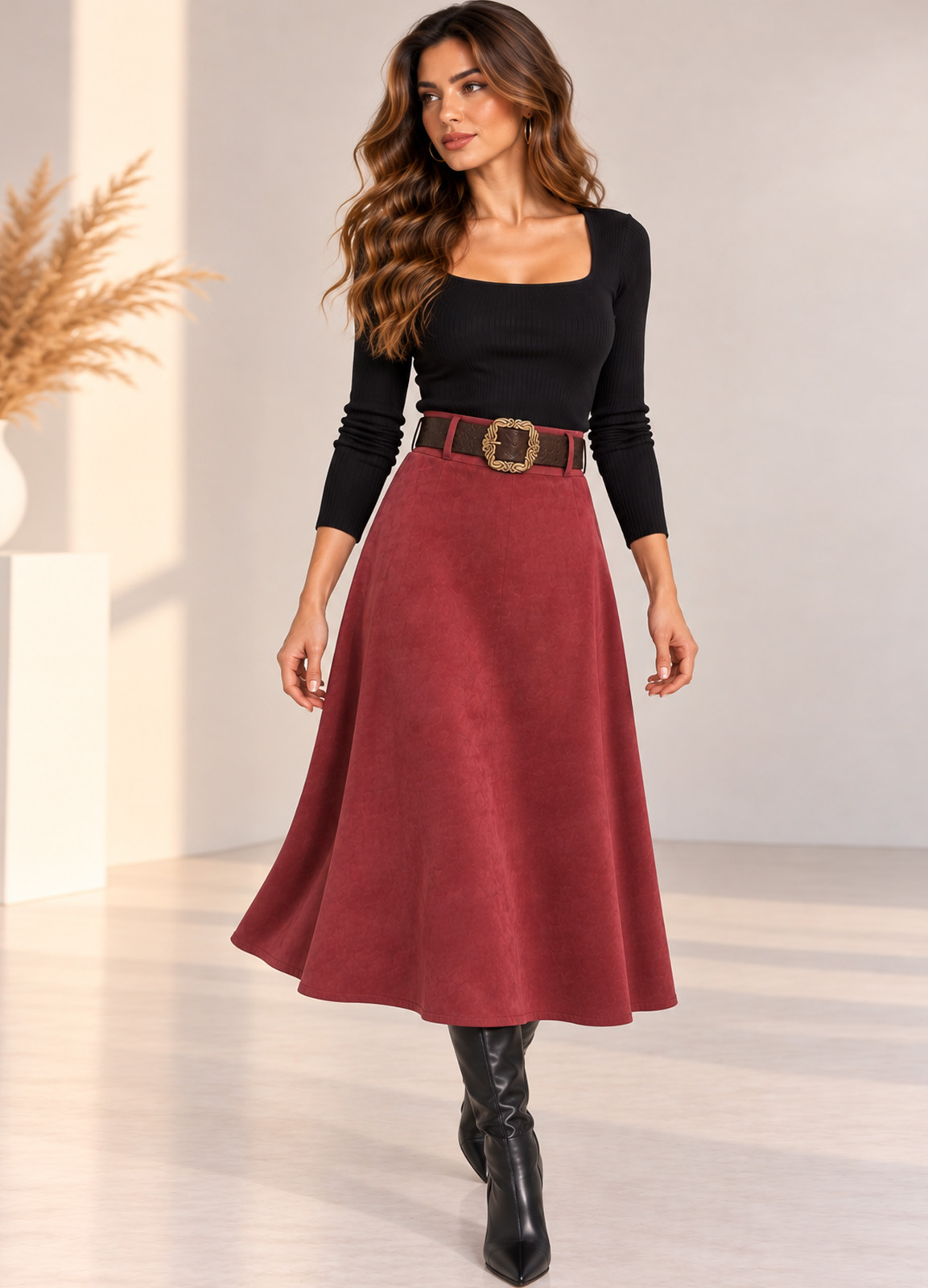 Midi Φούστα Αλκαντάρα σε Γραμμή Α με Ζώνη Burgundy
