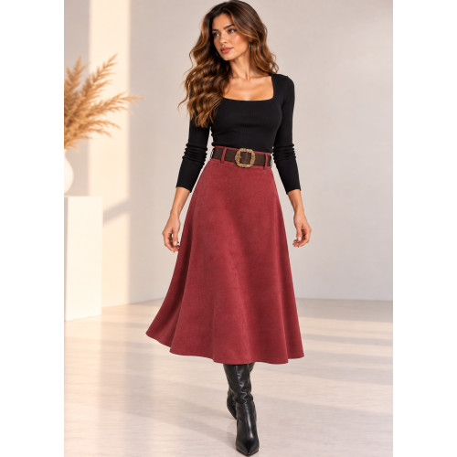 Midi Φούστα Αλκαντάρα σε Γραμμή Α με Ζώνη Burgundy