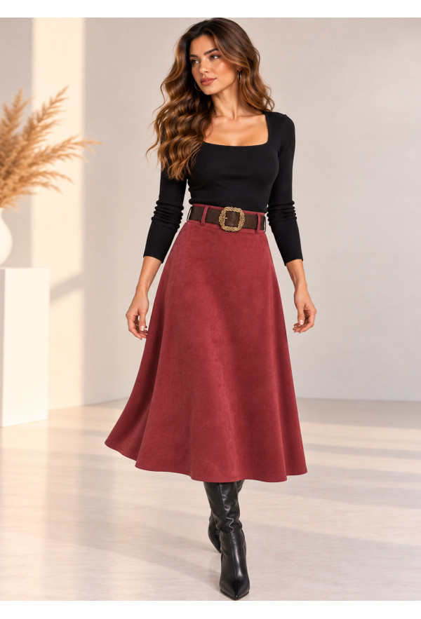 Midi Φούστα Αλκαντάρα σε Γραμμή Α με Ζώνη Burgundy