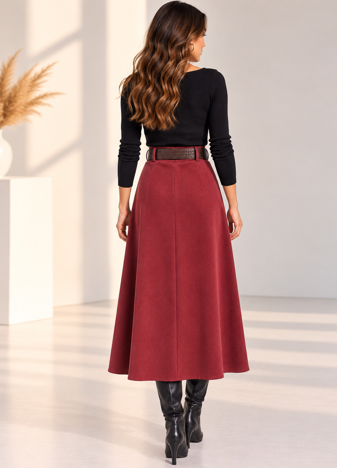 Midi Φούστα Αλκαντάρα σε Γραμμή Α με Ζώνη Burgundy