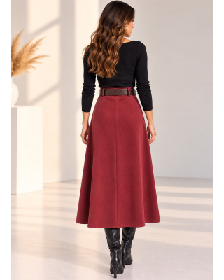 Midi Φούστα Αλκαντάρα σε Γραμμή Α με Ζώνη Burgundy