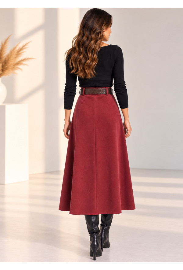 Midi Φούστα Αλκαντάρα σε Γραμμή Α με Ζώνη Burgundy