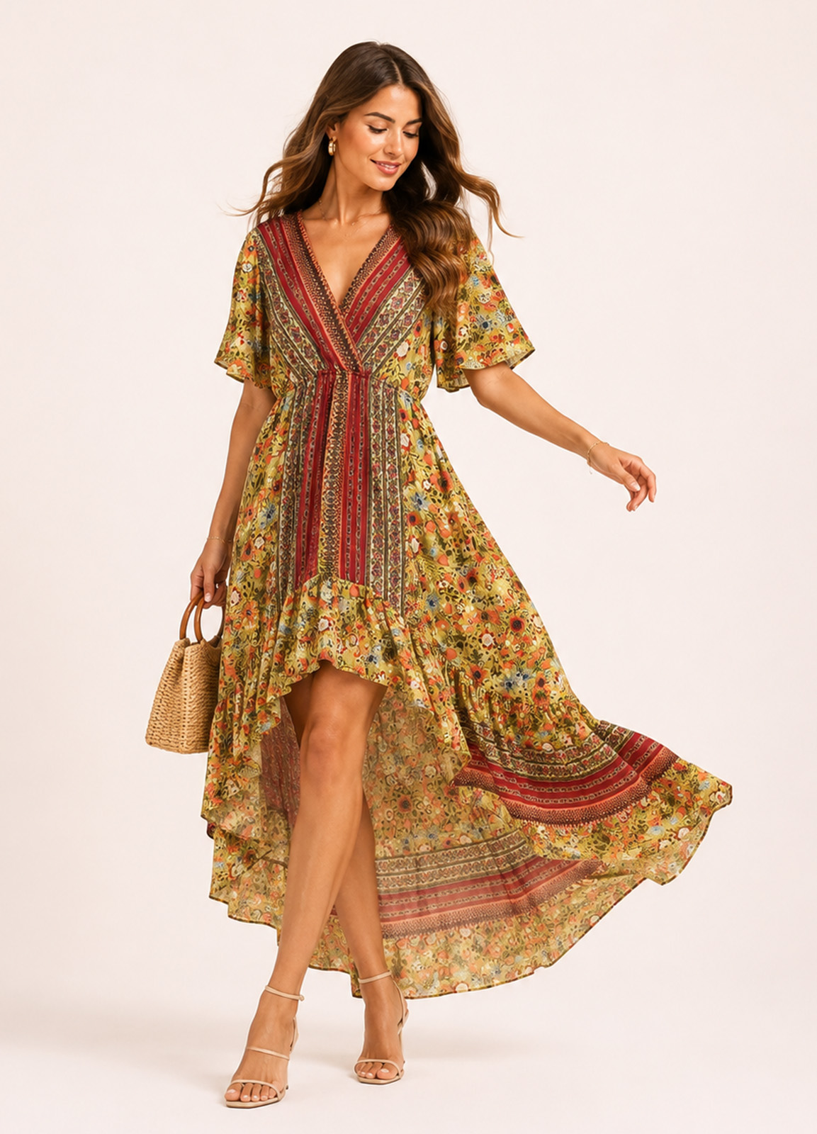 Ασύμμετρο Maxi Φόρεμα Boho Κρουαζέ & Floral Print