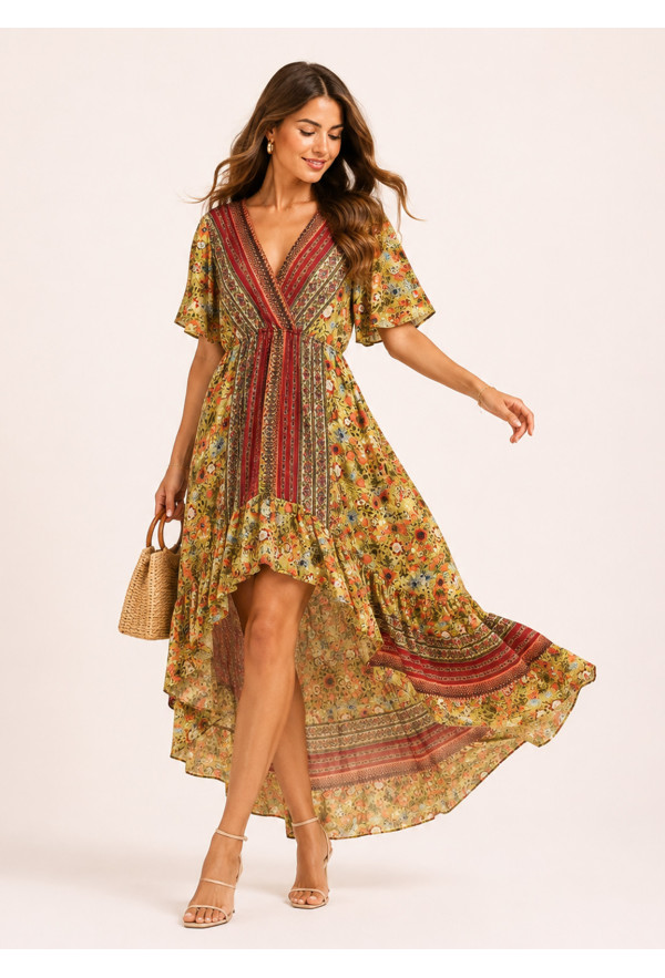 Ασύμμετρο Maxi Φόρεμα Boho Κρουαζέ & Floral Print