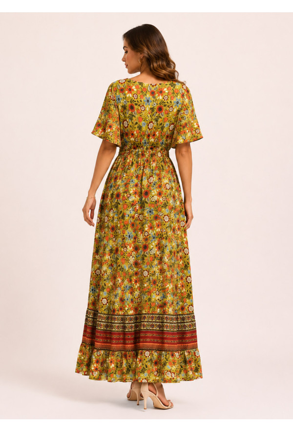 Ασύμμετρο Maxi Φόρεμα Boho Κρουαζέ & Floral Print
