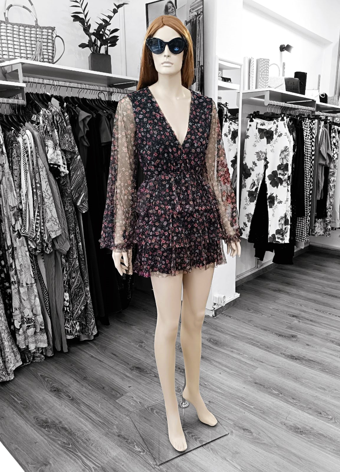 Φόρεμα Mini Floral με Διαφάνεια & Βολάν