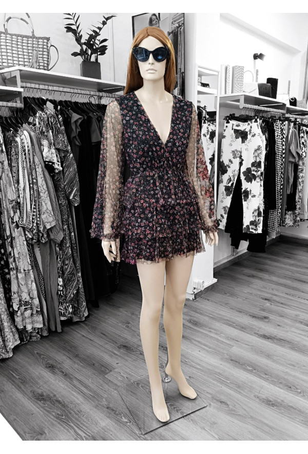Φόρεμα Mini Floral με Διαφάνεια & Βολάν
