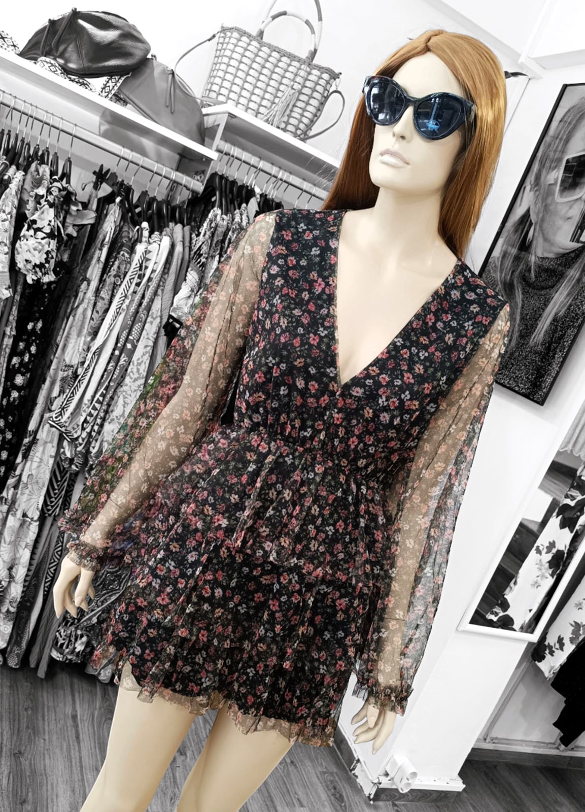 Φόρεμα Mini Floral με Διαφάνεια & Βολάν