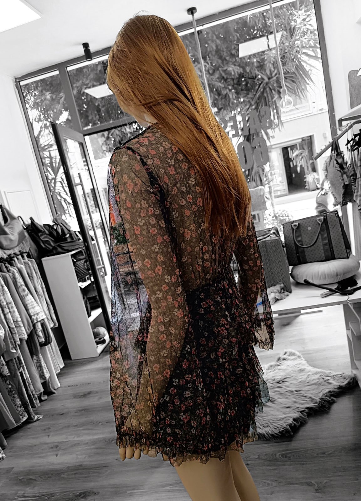 Φόρεμα Mini Floral με Διαφάνεια & Βολάν