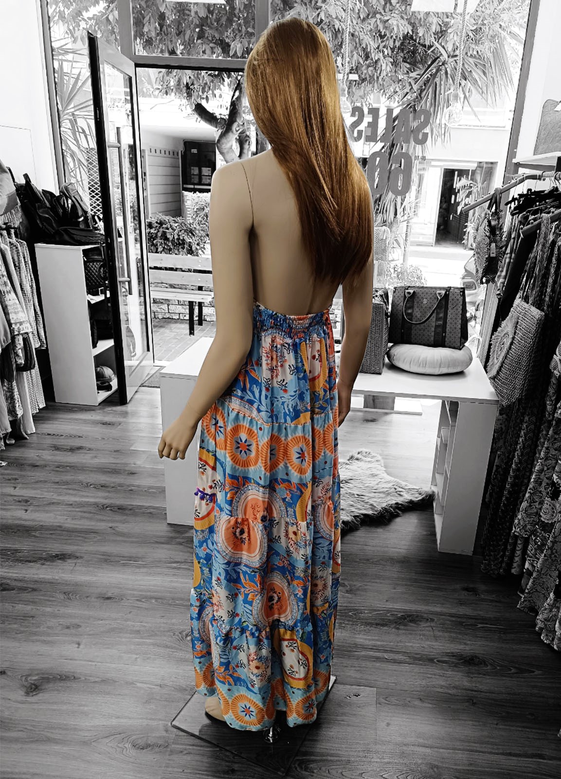 Φόρεμα Maxi Boho με Δέσιμο στον Λαιμό & Ανοιχτή Πλάτη