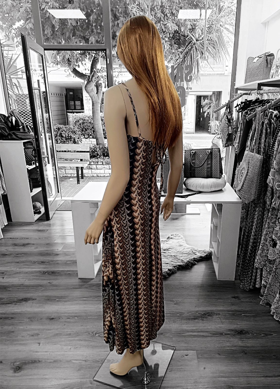 Μακρύ Ντραπέ Φόρεμα με Ραντάκι Brown