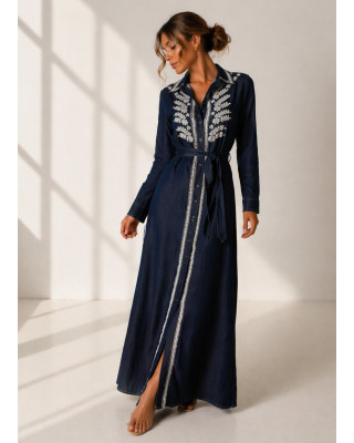 Jean φόρεμα με κέντημα & ζώνη