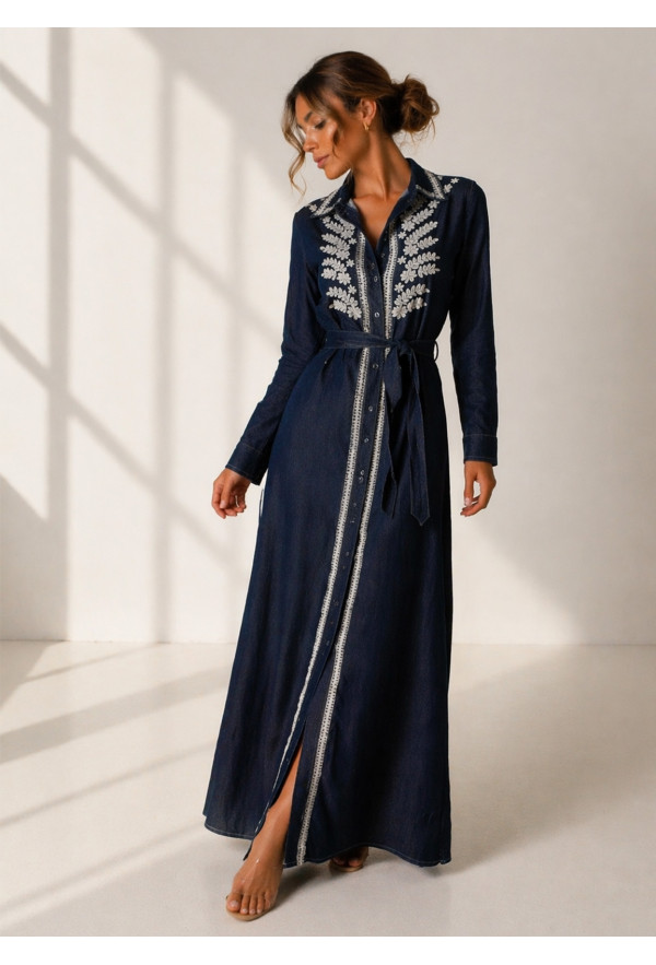 Jean φόρεμα με κέντημα & ζώνη