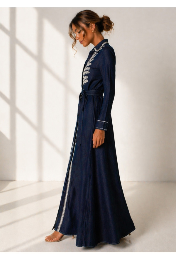 Jean φόρεμα με κέντημα & ζώνη