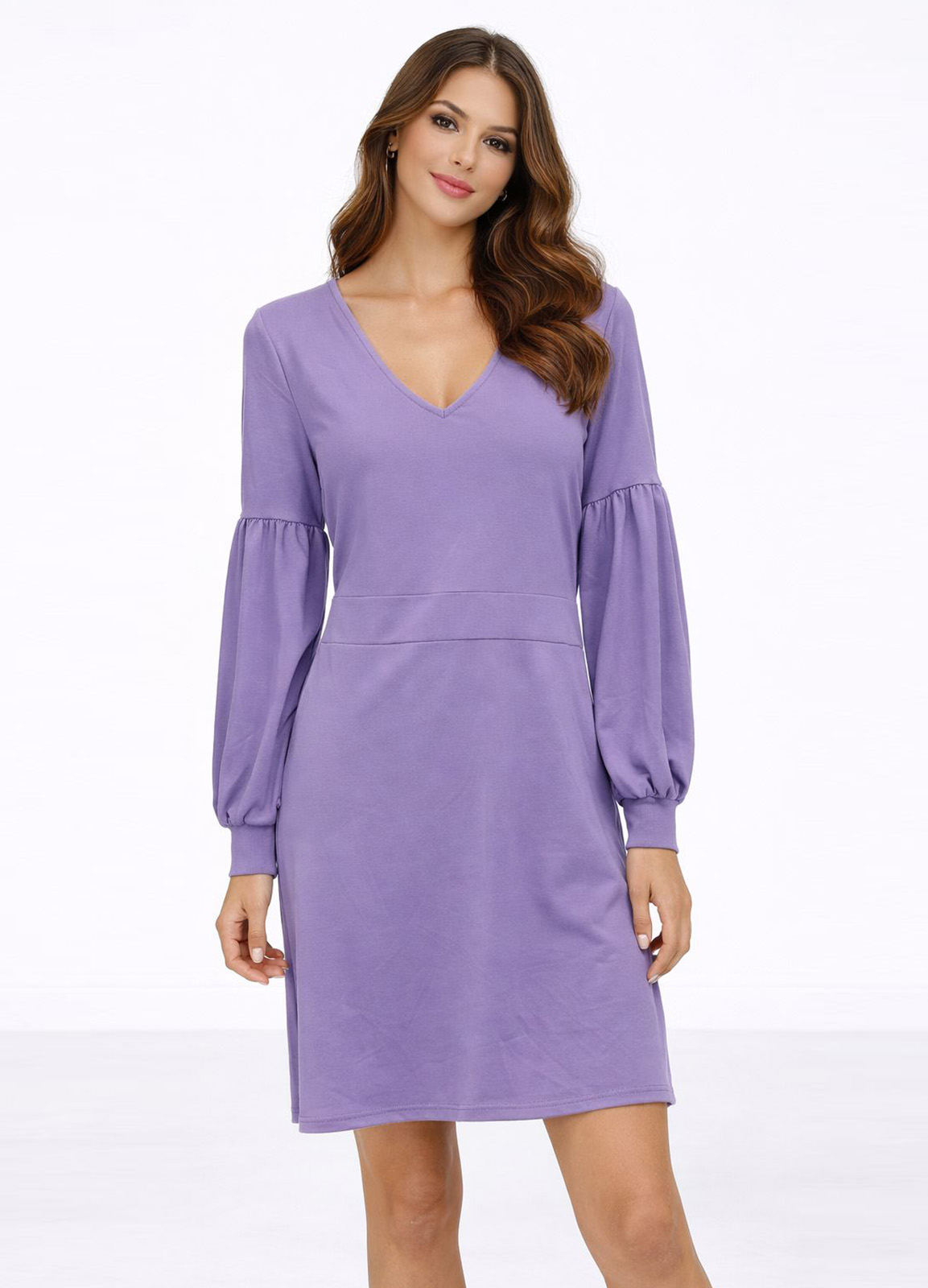 Mini Φόρεμα με V Λαιμόκοψη & Balloon Μανίκια Purple