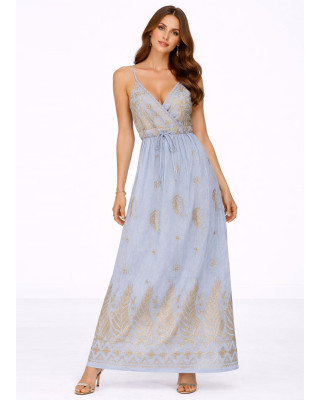 Maxi Φόρεμα με Χρυσό Κέντημα & Λεπτές Τιράντες