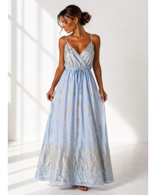 Maxi Φόρεμα με Χρυσό Κέντημα & Λεπτές Τιράντες